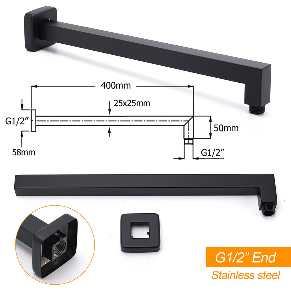Shower Heads & Screens: Matt Black Square 8" Rainfall Shower Head & 400mm Brass Straight Wall Mount Arm Set