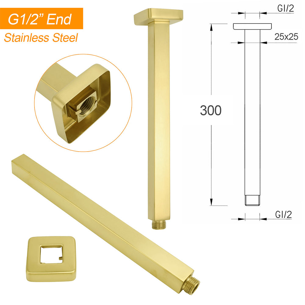 Brushed Gold Square 12" Rainfall Shower Head 30cm Ceiling Dropper Extension Arm Set