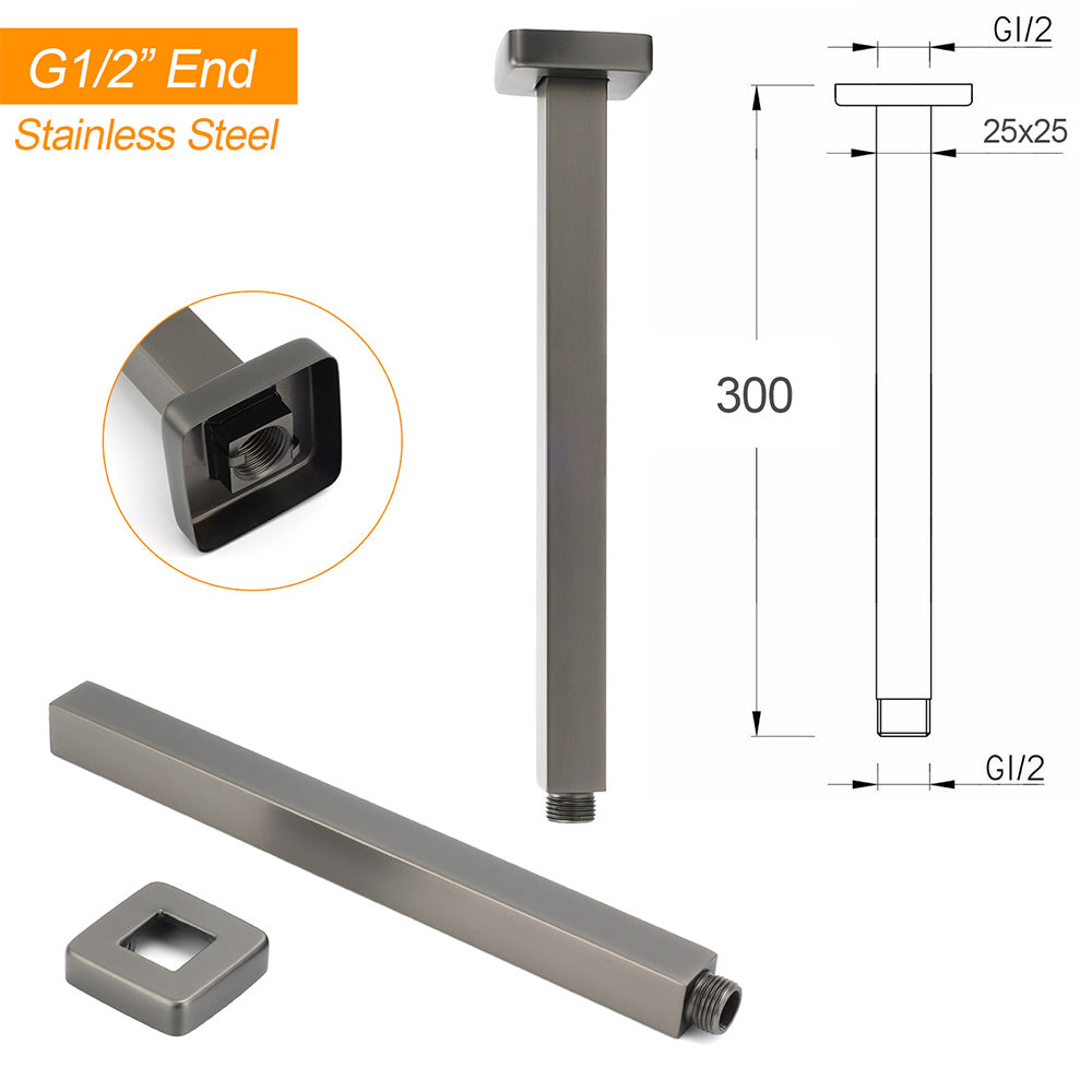 Gun Metal Square 12" Rainfall Shower Head 300mm Ceiling Dropper Arm Bath Set WELS