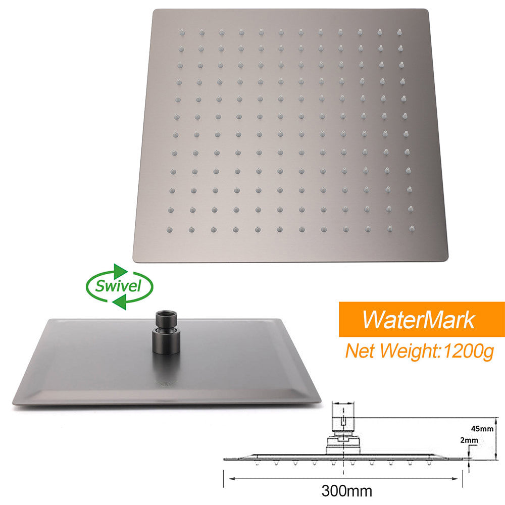Gun Metal Square 12" Rainfall Shower Head 300mm Ceiling Dropper Arm Bath Set WELS