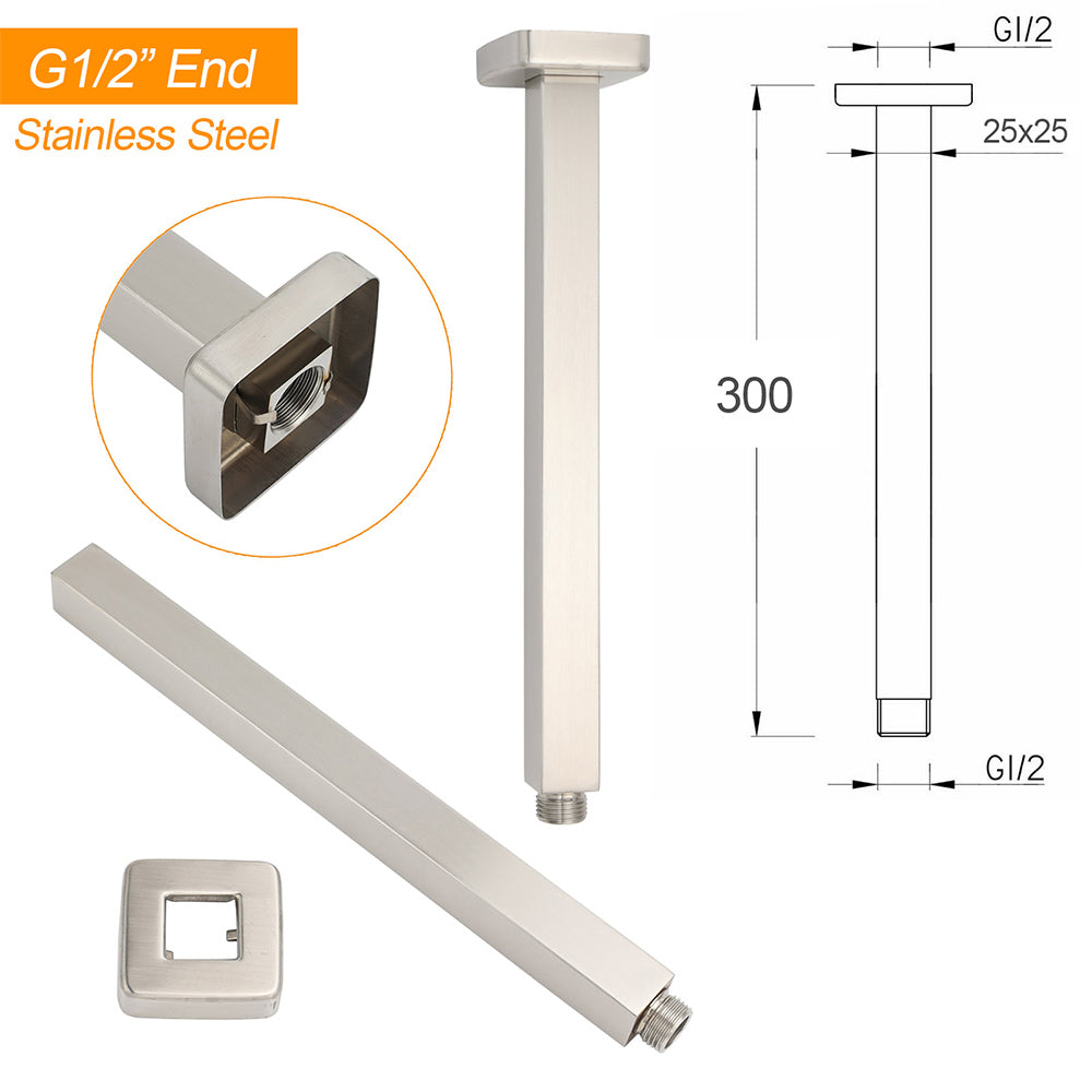 Brushed Nickel Square 8" Rain Shower Head 300mm Brass Ceiling Dropper Arm Set