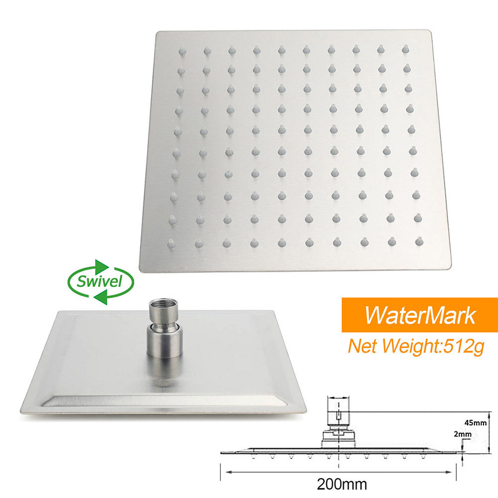 Brushed Nickel Square 8" Rain Shower Head 300mm Brass Ceiling Dropper Arm Set