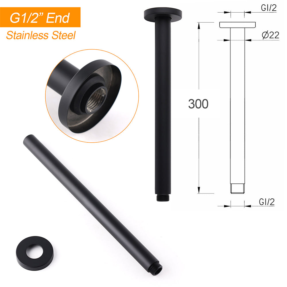 Shower Heads & Screens: Matt Black Round 16" Extra Large Rain Shower Head 300mm Ceiling Dropper Arm Set