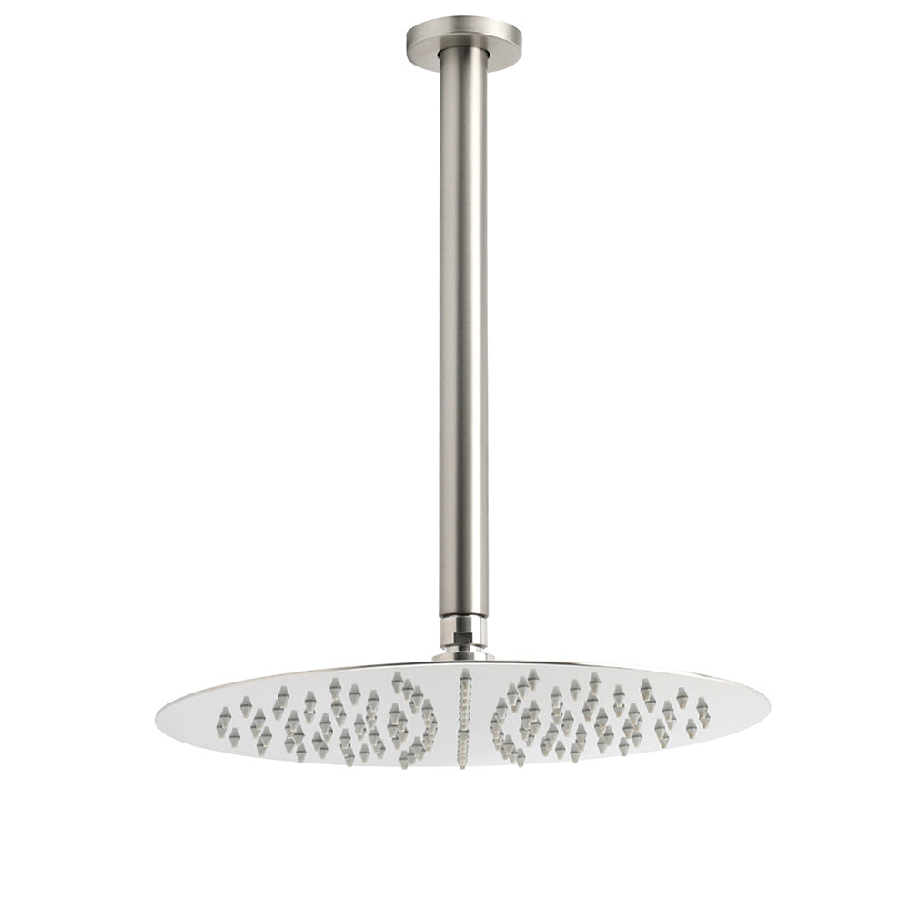 Brushed Nickel Round 12" Shower Rain Head + 300mm Brass Ceiling Dropper Arm Set