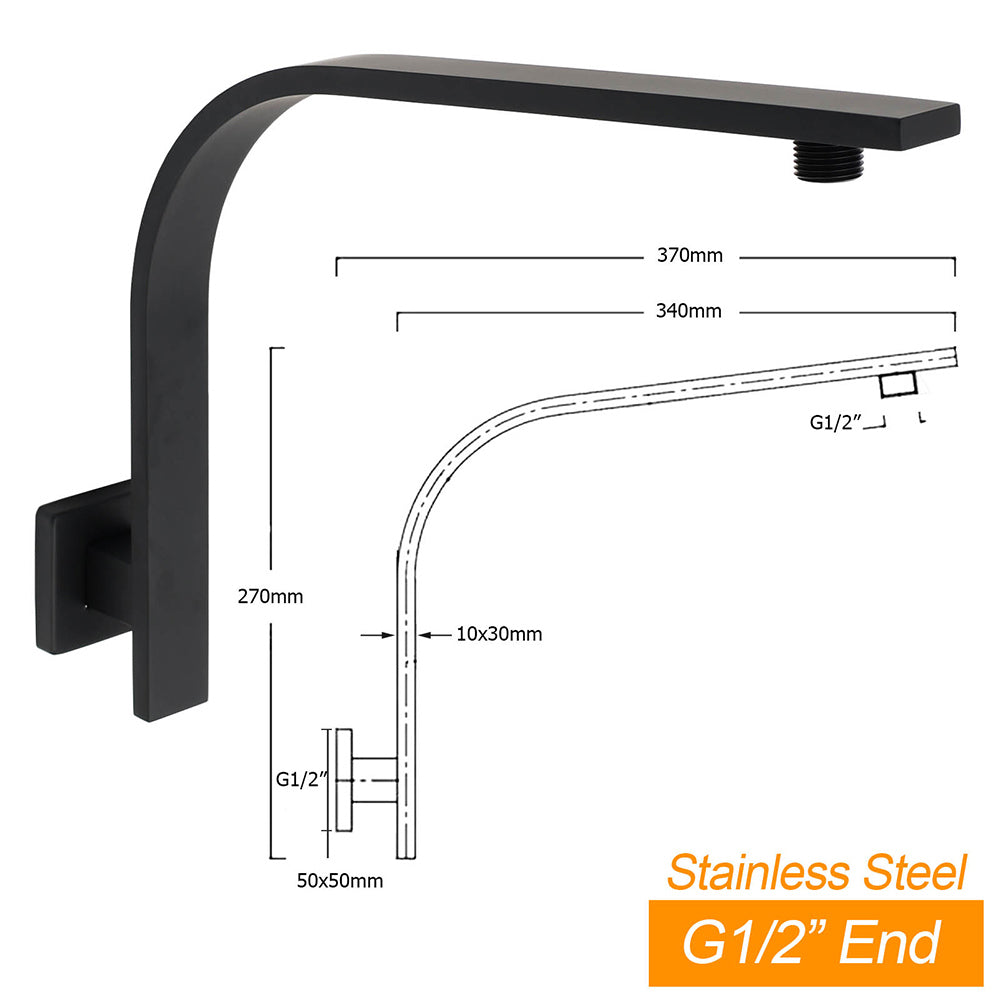 Shower Heads & Screens: Matt Black 8" Square Thin Rain Shower Head Brass Gooseneck Wall Arm Watermark