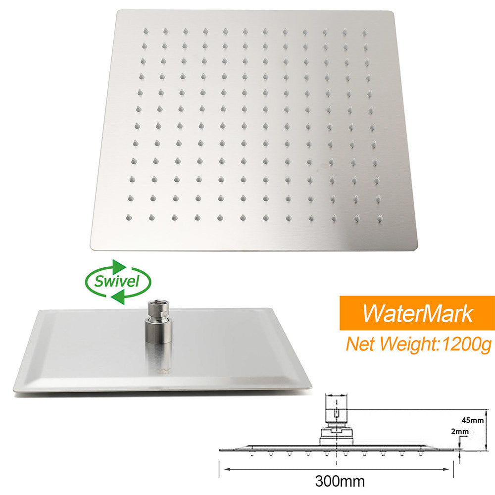 Shower Heads & Screens: Brushed Nickel Silver Square 12" Rain Shower Head & Brass Gooseneck Wall Arm Set