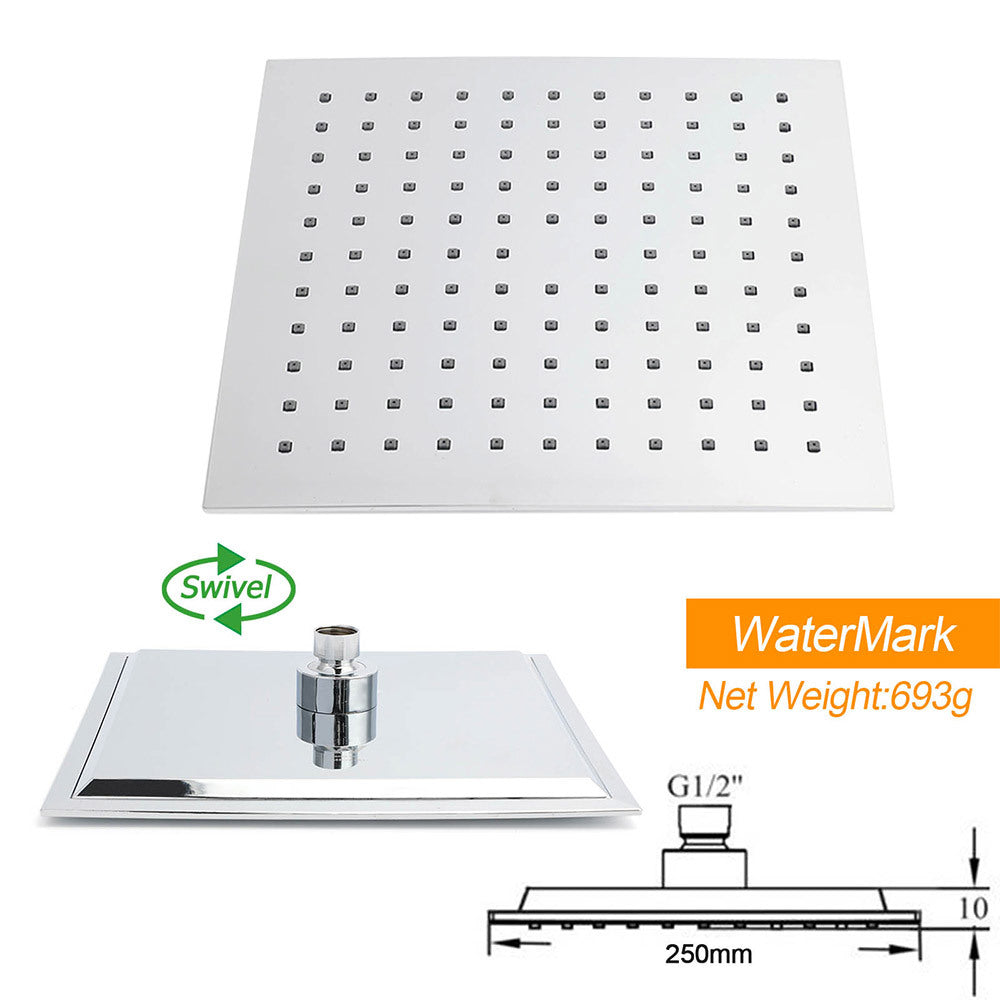 Shower Heads & Screens: WELS 10" 7.5L/m Chrome Square Rain Shower Head Brass Gooseneck Wall Arm Set