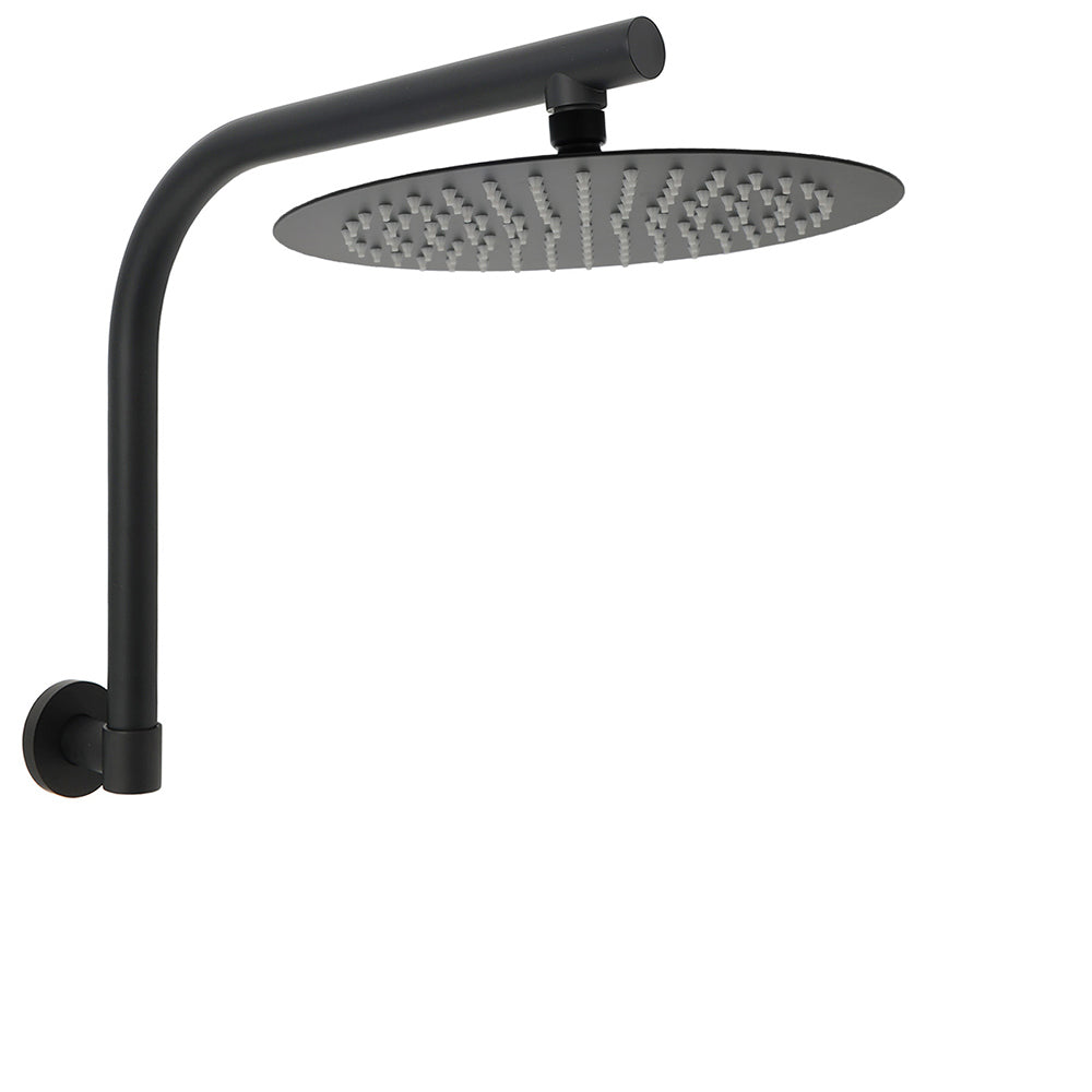 Shower Heads & Screens: WELS Matt Black 10" SUS Round Rain Shower Head & Gooseneck Swivel Wall Arm Set