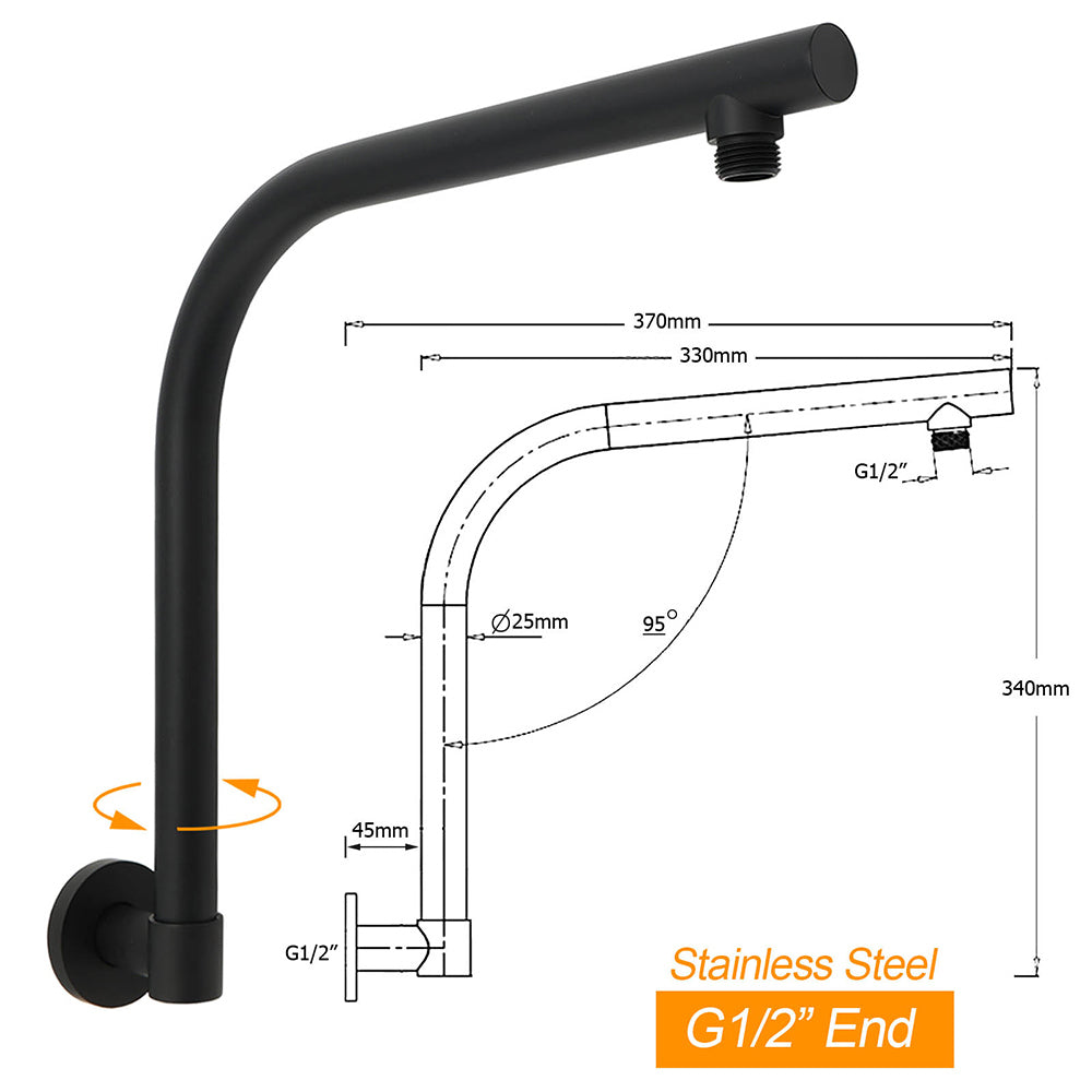 Shower Heads & Screens: WELS Matt Black 10" SUS Round Rain Shower Head & Gooseneck Swivel Wall Arm Set