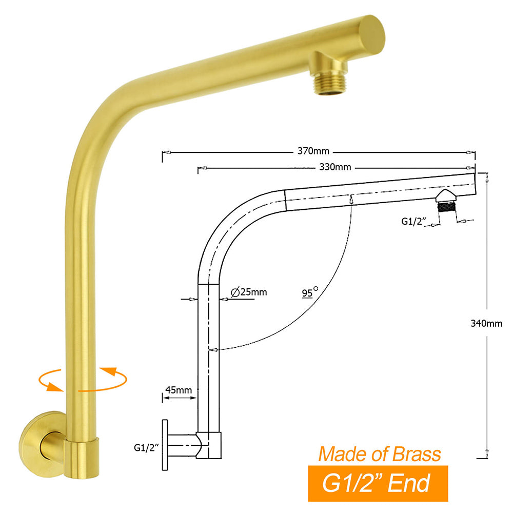 Shower Heads & Screens: Brushed Gold Round 10 Inch Rain Shower Head Swivel Brass Gooseneck Wall Arm Set