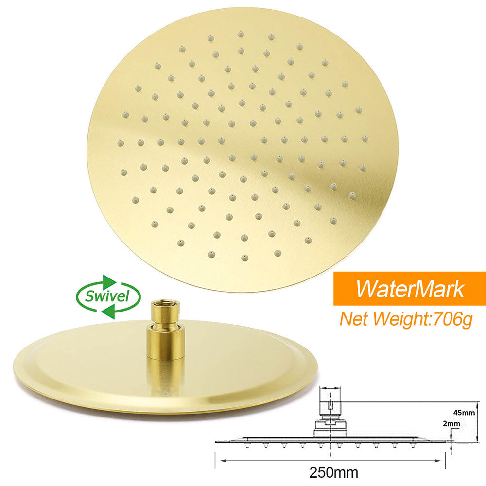Shower Heads & Screens: Brushed Gold Round 10 Inch Rain Shower Head Swivel Brass Gooseneck Wall Arm Set
