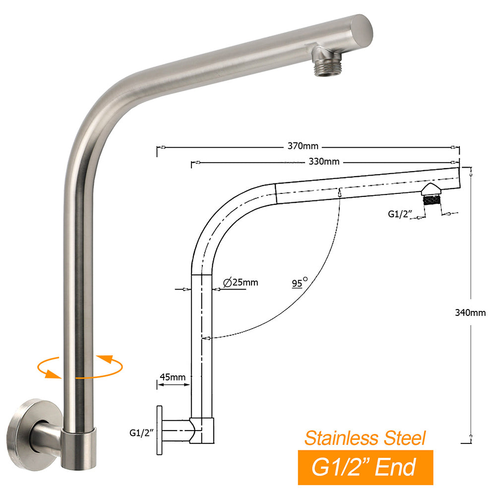 Brushed Nickel 8" Round Rainfall Shower Head 360Â°Swivel Gooseneck Wall Arm Set