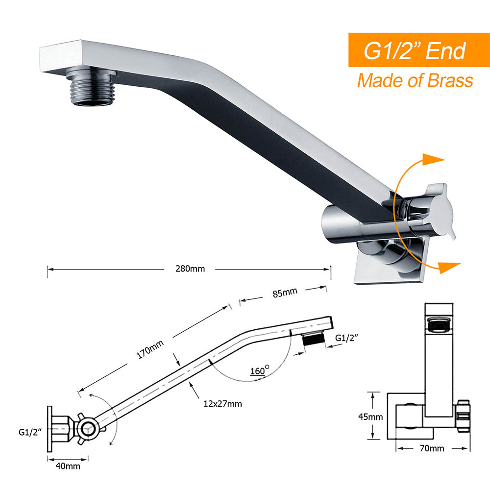 Shower Heads & Screens: Square Chrome Brass Up & Down Adjustable Wall Mounted Shower Arm For Shower Head