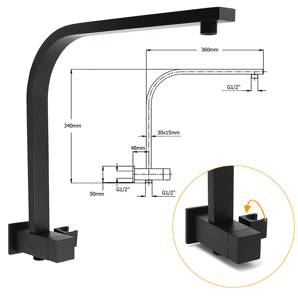 Matt Black 8" SUS Shower Head 3 Modes Handheld Gooseneck Arm Square 2in1 Set