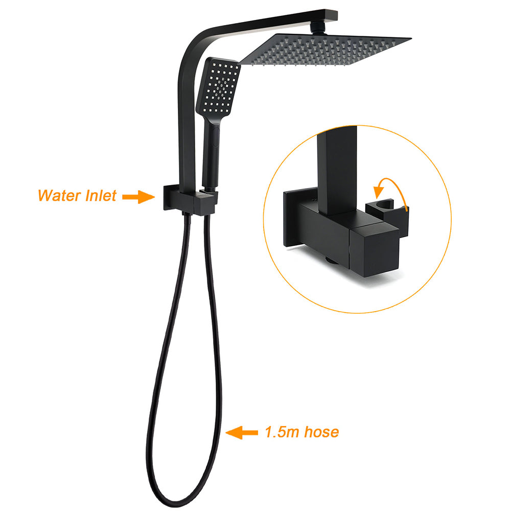 WELS Matt Black 8" Shower Head 3 Modes Handheld Gooseneck Arm Square 2in1 Set Twin Taps