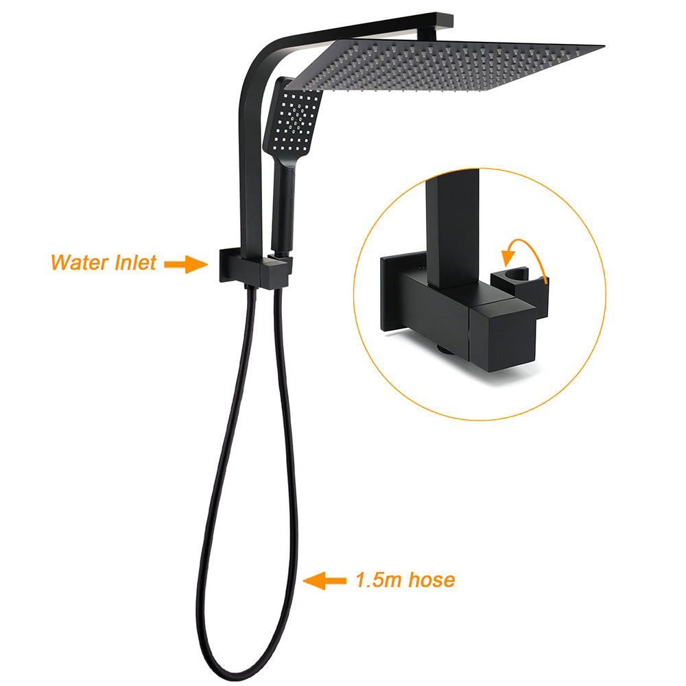 Matt Black Twin Set 12" Large Shower Head 3 Modes Handheld Gooseneck Arm Wall Taps