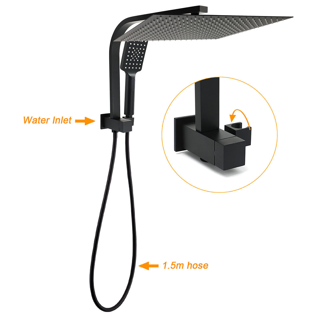 Matt Black Twin Set 16" Extra Large Shower Head 3 Modes Handheld Gooseneck Arm Wall Mixer