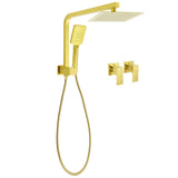 Shower Heads & Screens: WELS Brushed Gold Twin Shower 8" Rain Head Handheld Diverter Wall Arm Square Taps