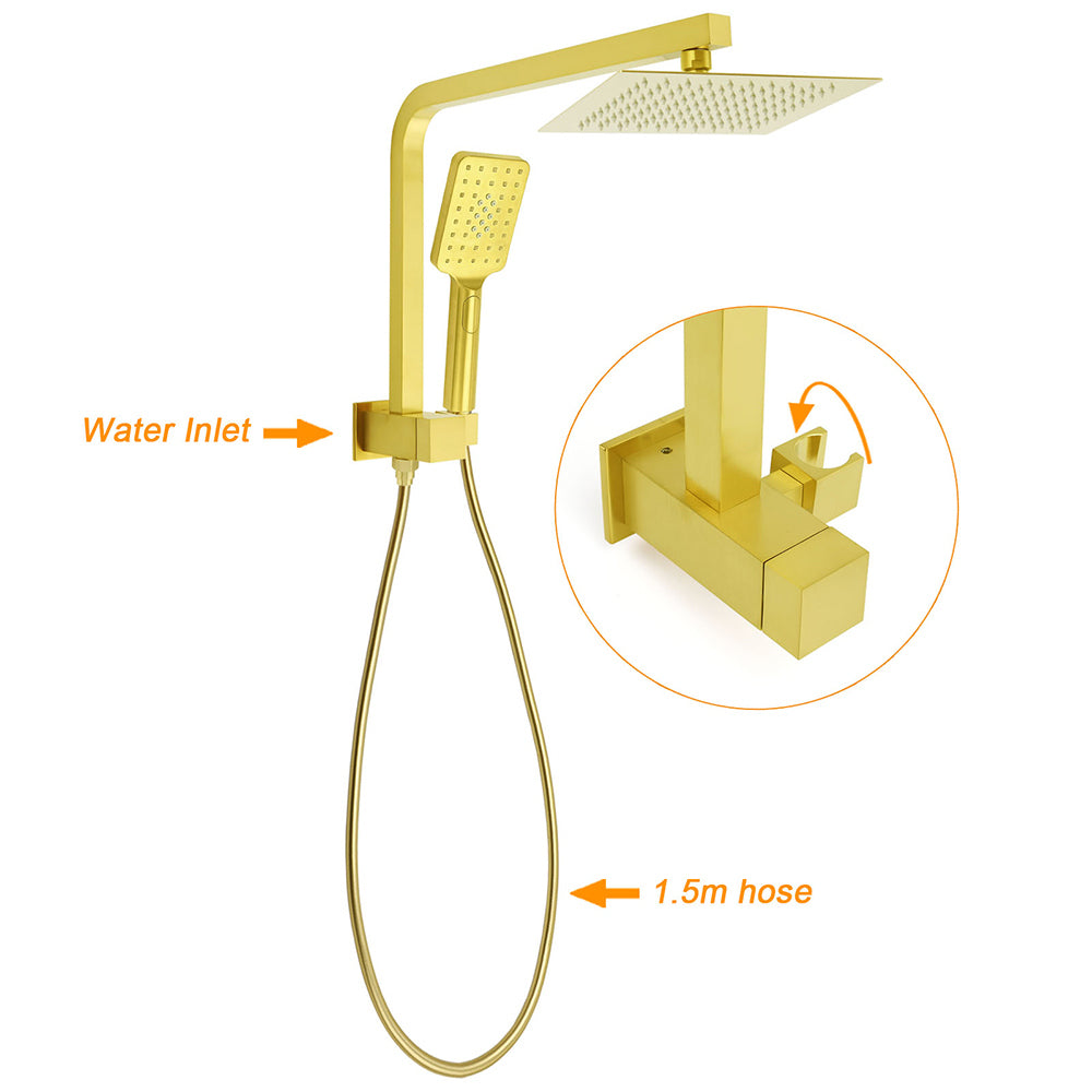 WELS Brushed Gold Twin Shower 8" Rain Head Handheld Diverter Wall Arm Square Taps