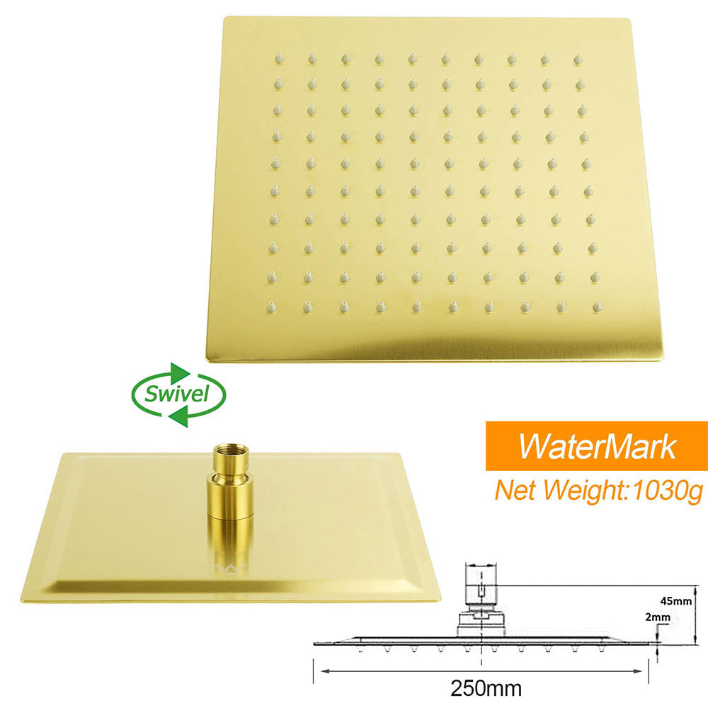 Brushed Gold Twin Shower 10" Rain Head Handheld Diverter Wall Arm Set Square