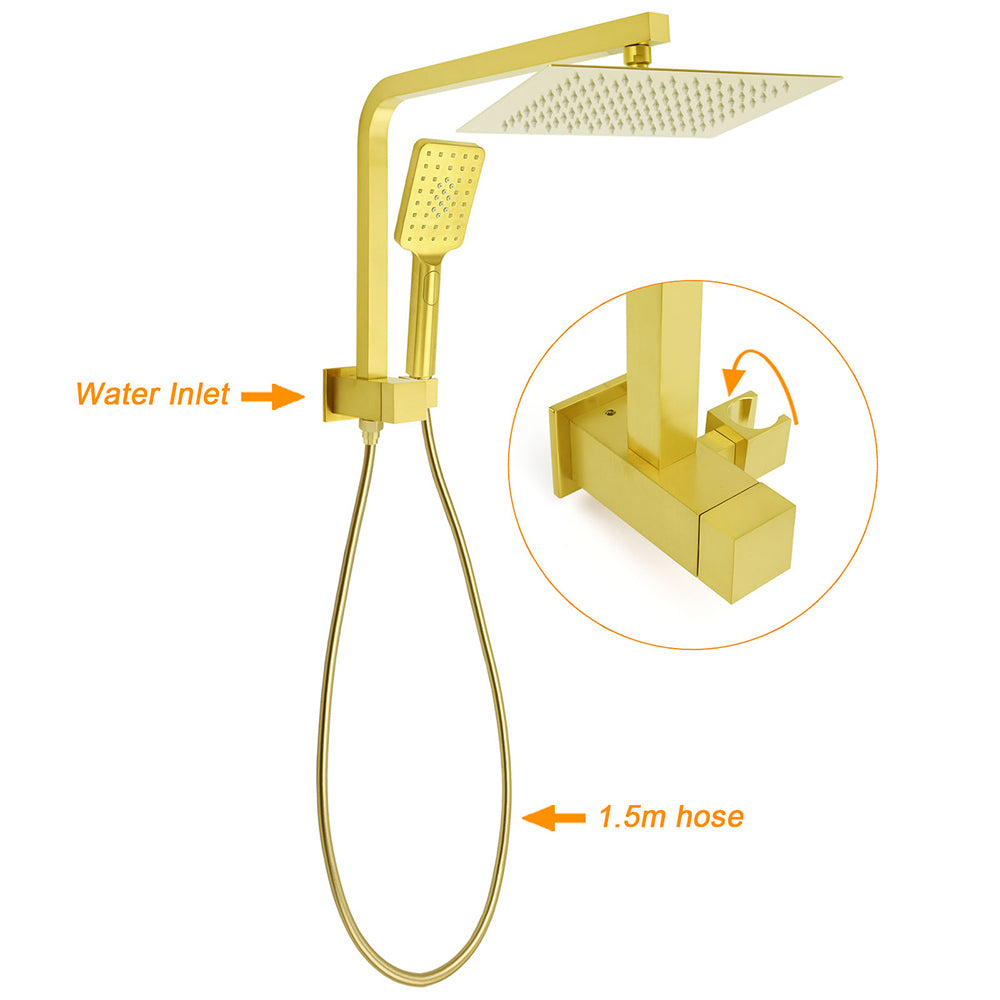 Brushed Gold Twin Shower 10" Rain Head Handheld Diverter Wall Arm Set Square Taps
