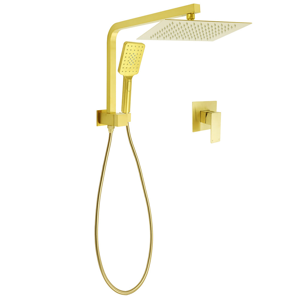 Brushed Gold Twin Shower 10" Rain Head Handheld Diverter Wall Arm Set Square Mixer