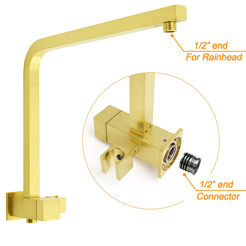 Brushed Gold Twin Shower 12" Rainfall Head Handheld Diverter Wall Arm Set Square