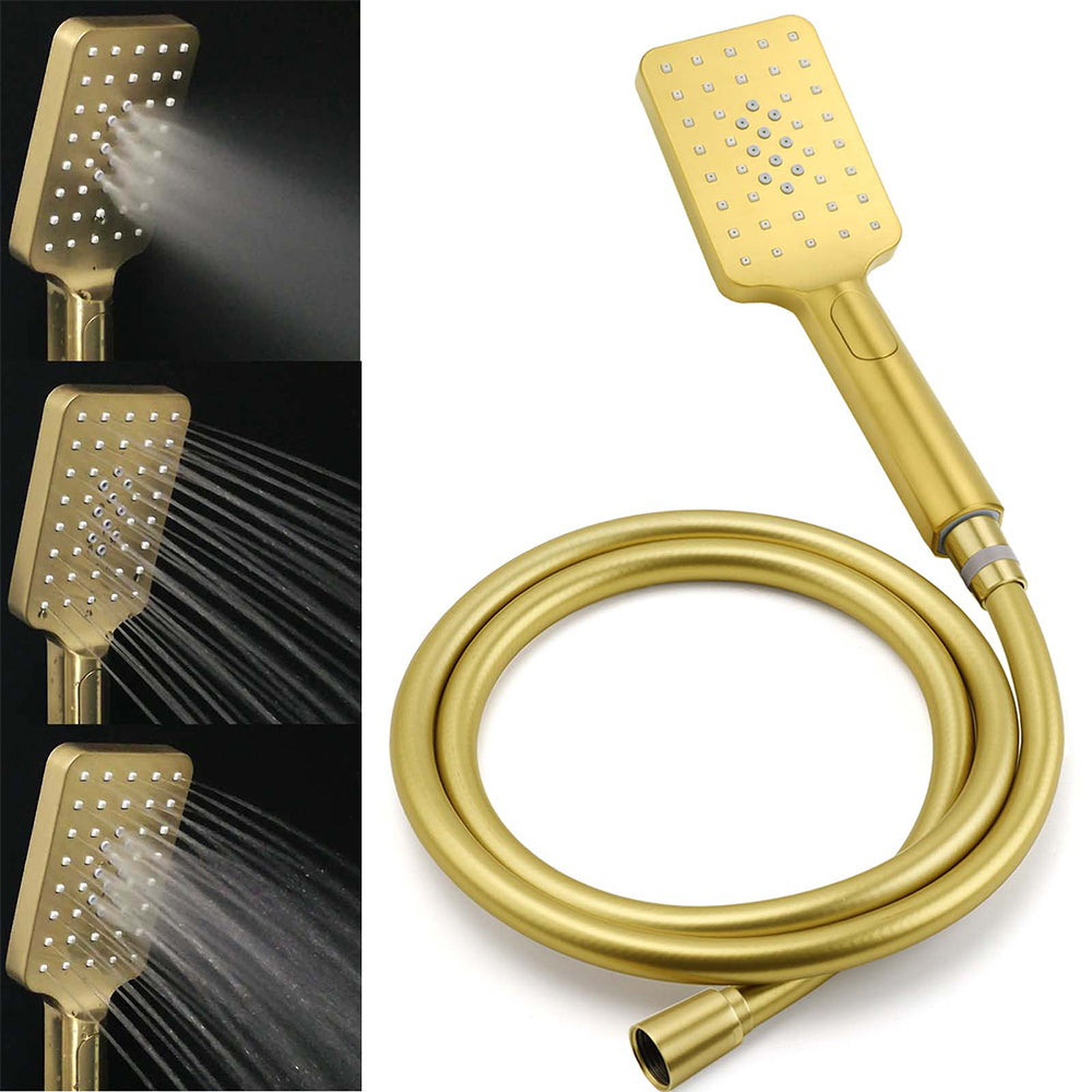 Brushed Gold Twin Shower 12" Rainfall Head Handheld Diverter Wall Arm Set Square