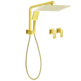 Shower Heads & Screens: WELS Brushed Gold Twin Shower 12" Rain Head Handheld Diverter Wall Arm Set Square Taps