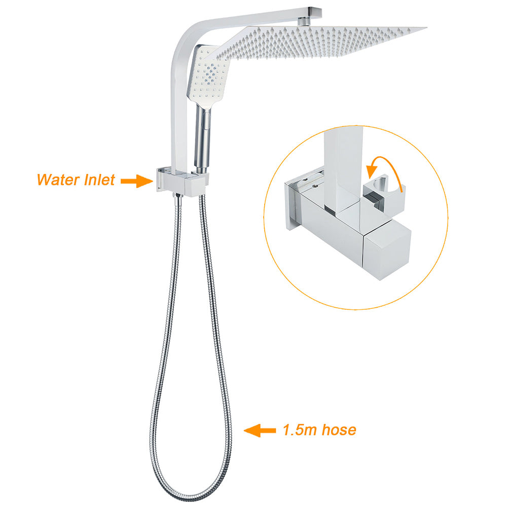 WELS Square Chrome 12" Shower Head 3 Mode Handheld Diverter Wall Arm 2in1 Set + Mixer