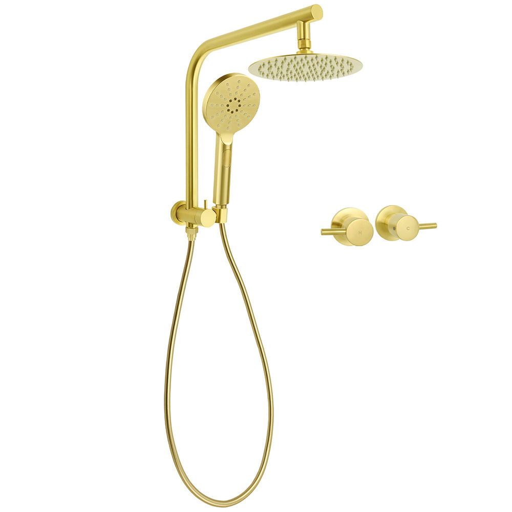 Shower Heads & Screens: WELS Brushed Gold Round Twin 8" Shower Head Set Diverter Wall Arm Metal Handheld + Taps