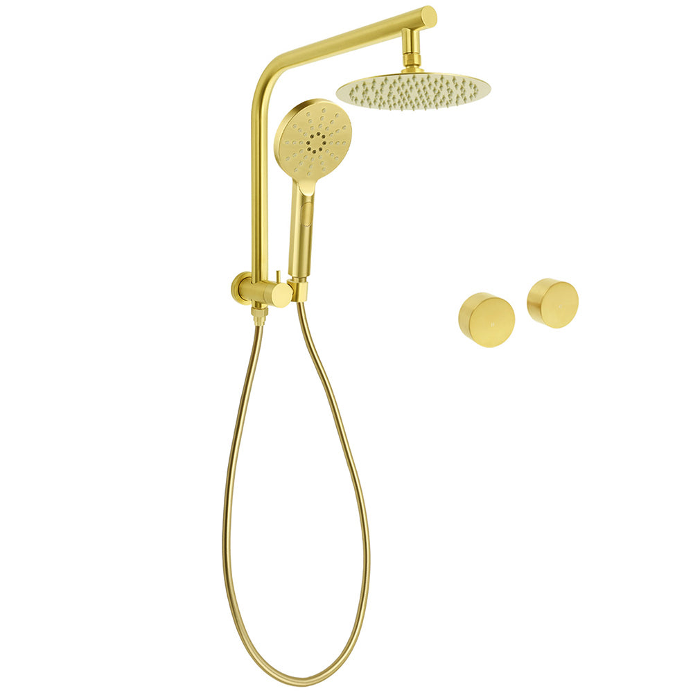 Shower Heads & Screens: WELS Brushed Gold Round Dual Shower Head Set Simple Hold Handheld Gooseneck Arm Twin Taps