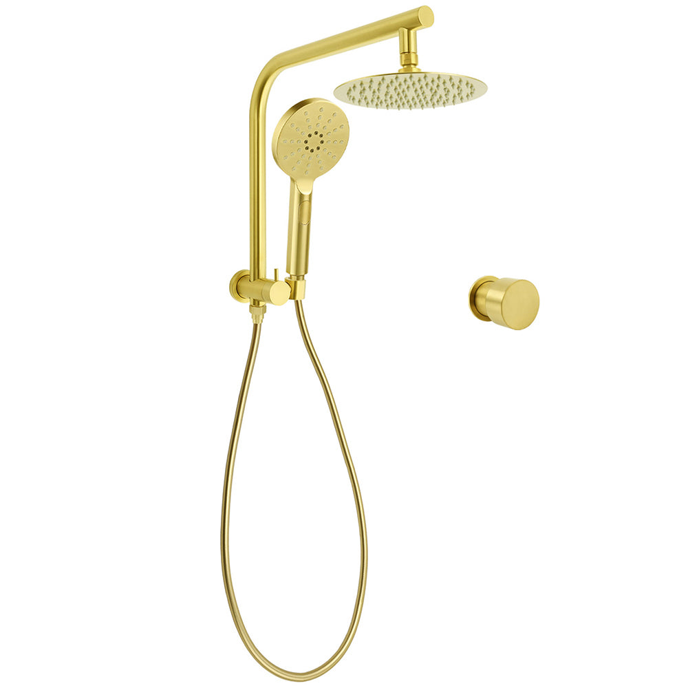 Shower Heads & Screens: WELS Brushed Gold Round Twin Shower Head Set Stainless Steel Handheld Gooseneck Arm Wall Mixer