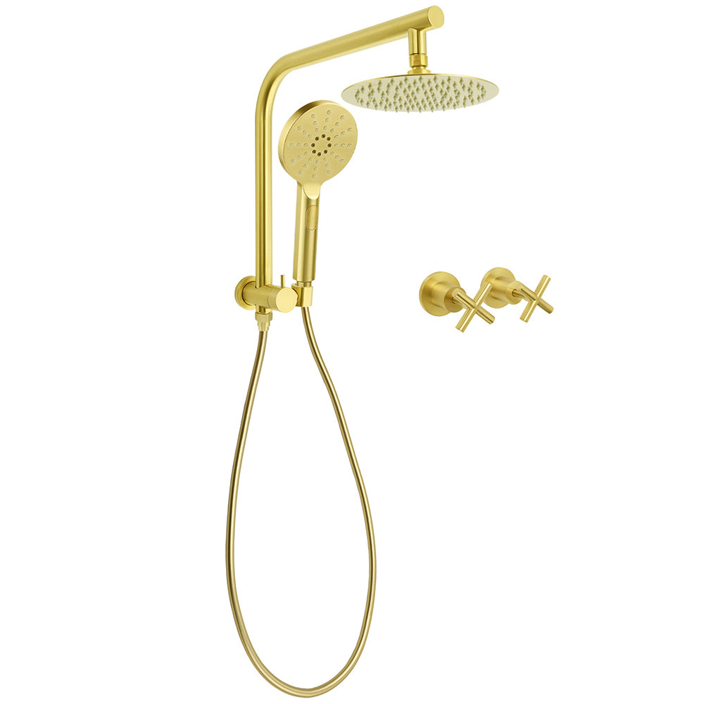 Shower Heads & Screens: WELS Brushed Gold Round 2in1 Shower Head Set Diverter Wall Arm Metal Handheld With Mixer