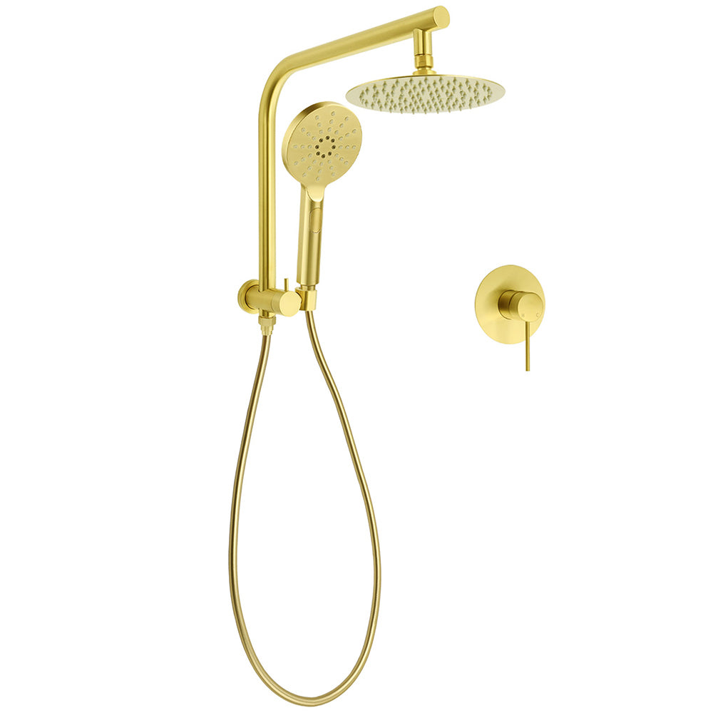 Shower Heads & Screens: WELS Brushed Gold Round 2in1 8" Shower Head Set Diverter Wall Arm Stainless Steel Handheld + Mixer
