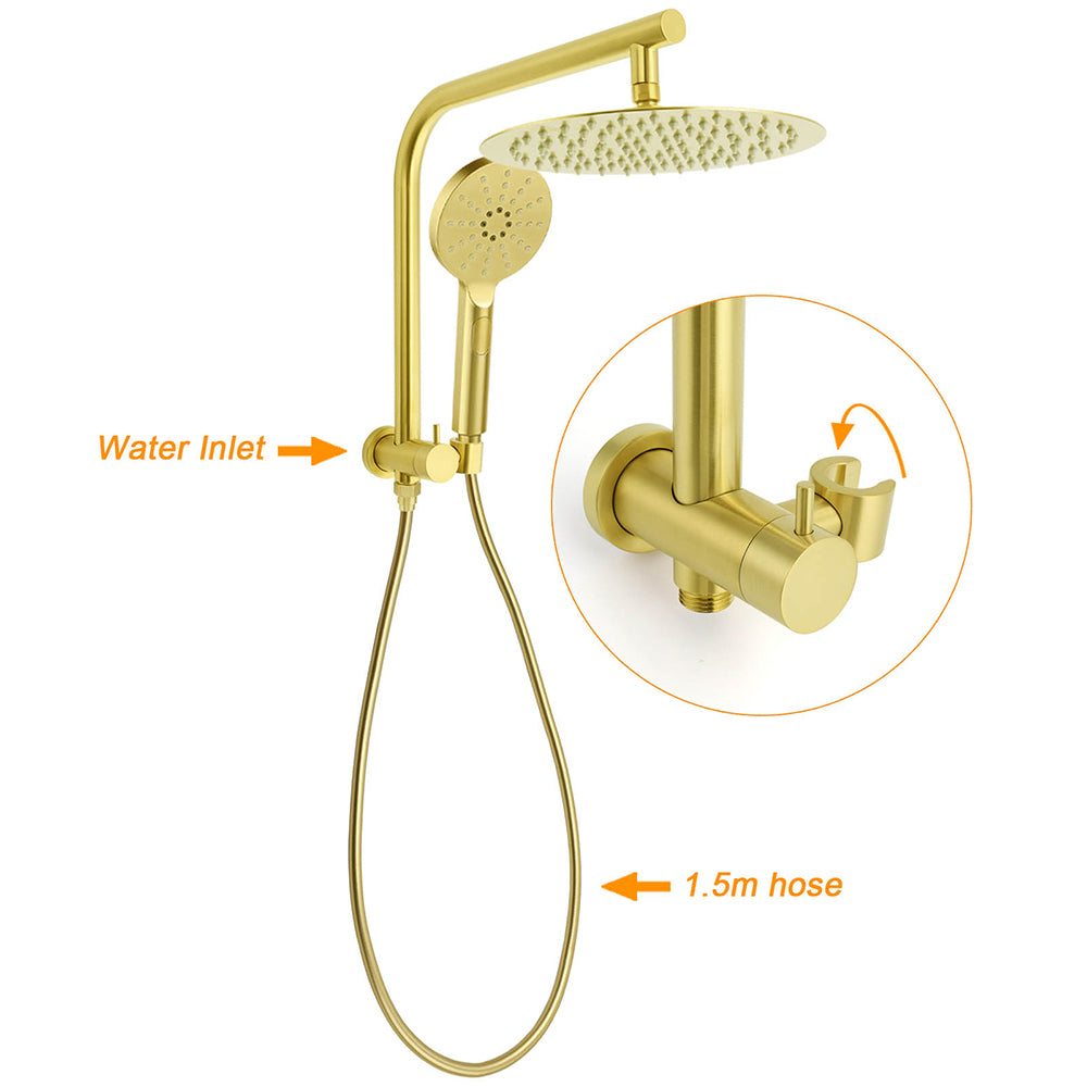 WELS Brushed Gold 2in1 Set Round Large 12" Rain Shower Head 3 Mode Handheld Wall Arm Small Face Mixer