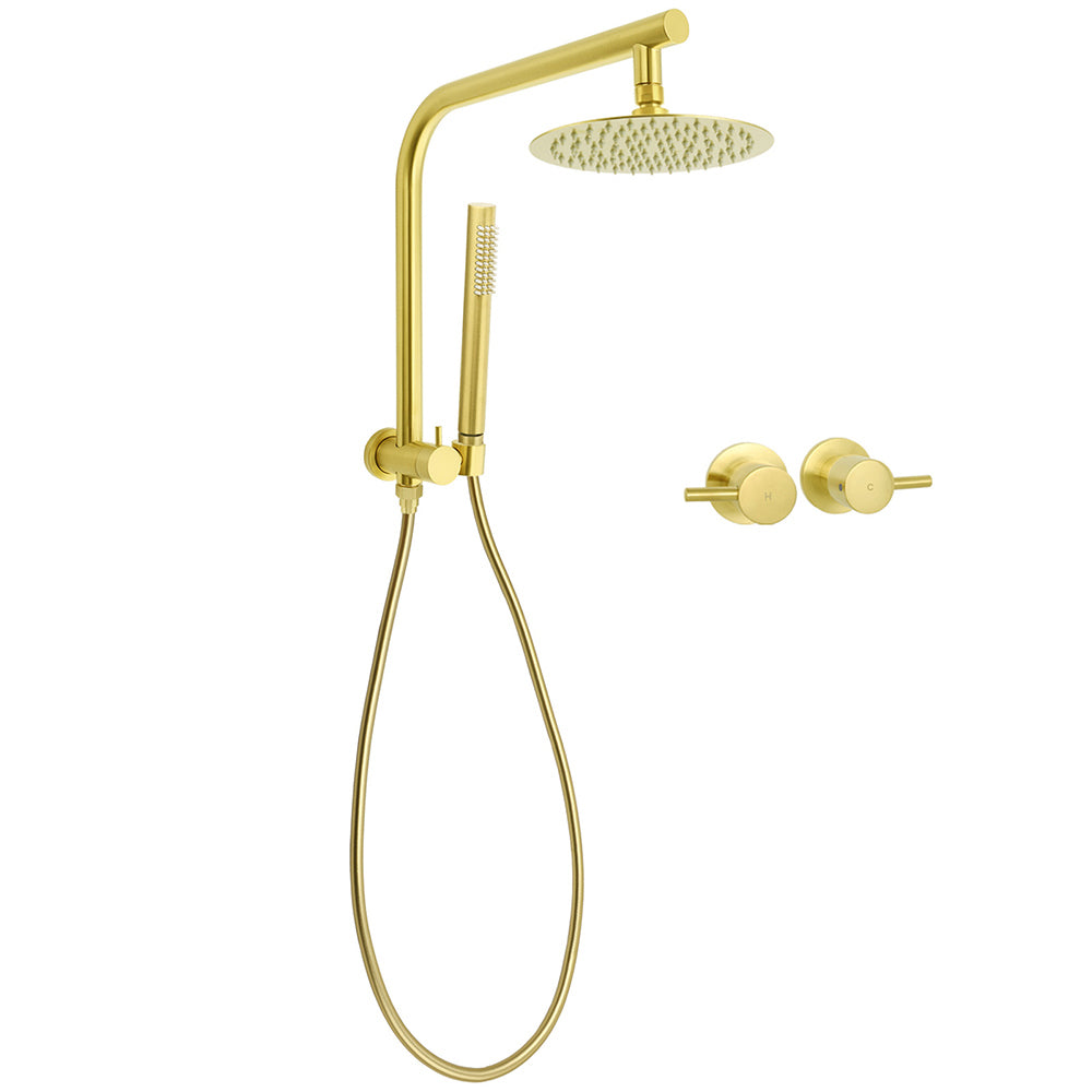 Shower Heads & Screens: WELS Brushed Gold Round 2in1 Shower Head Set Diverter Wall Arm Stainless Steel Handheld + Taps