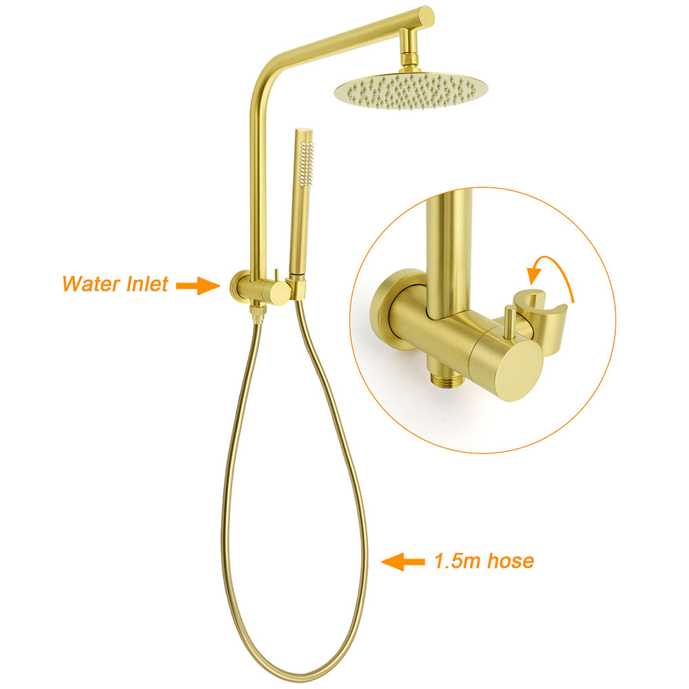 Shower Heads & Screens: WELS Brushed Gold Round 2in1 Shower Head Set Diverter Wall Arm Stainless Steel Handheld + Taps