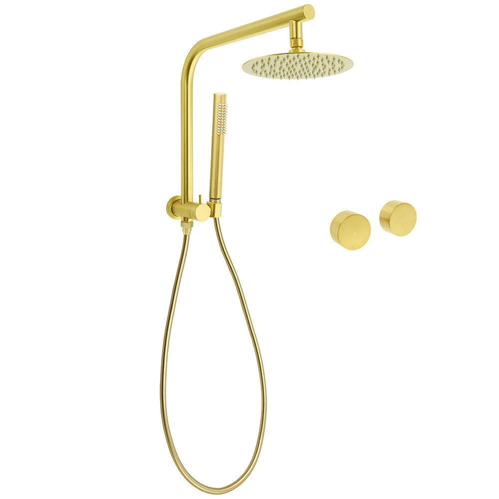 Shower Heads & Screens: WELS Brushed Gold Round 2in1 Shower Head Set Ergonomic Handheld Gooseneck Arm Twin Taps
