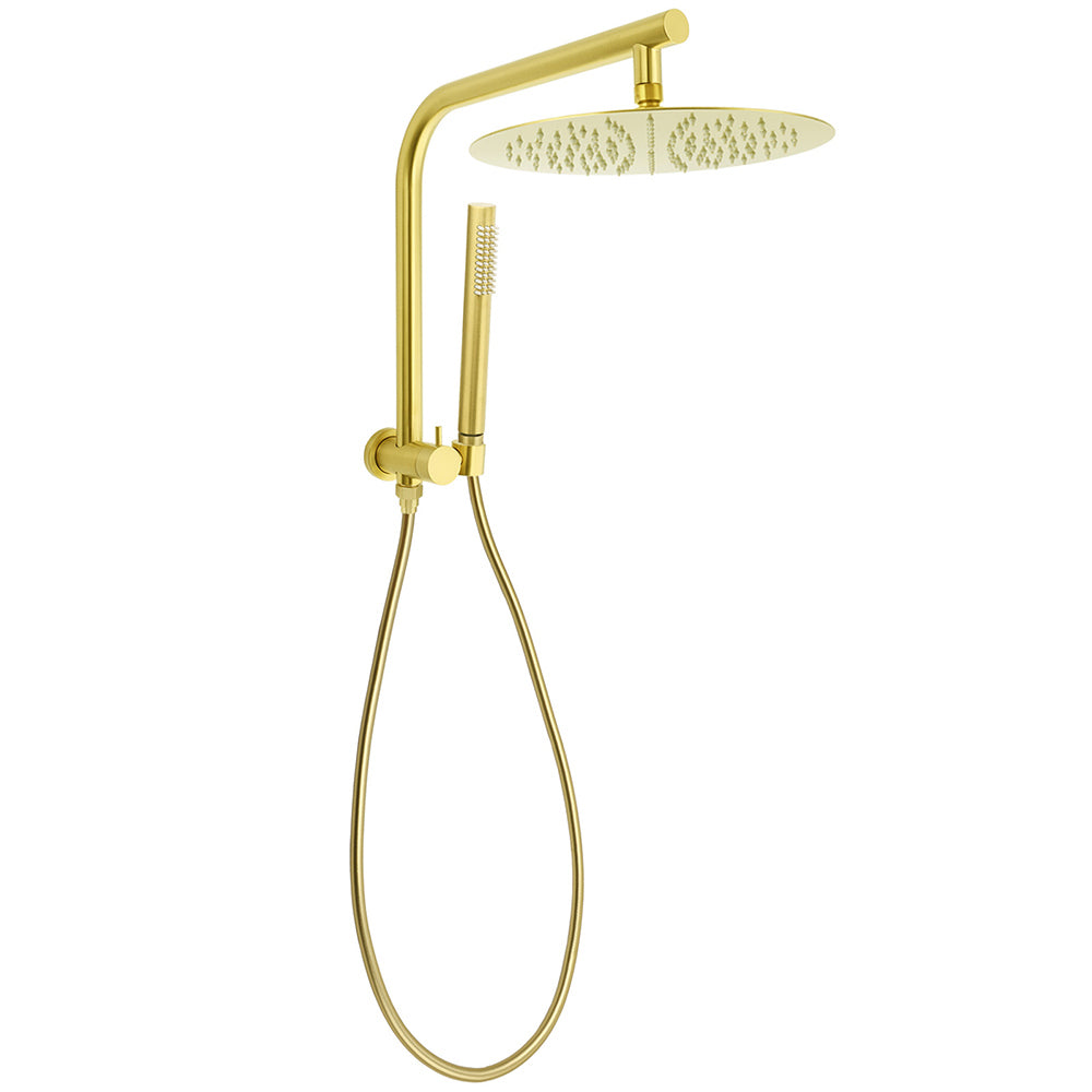 Shower Heads & Screens: WELS Brushed Gold Round 12" Rain Shower Head Stainless Steel Handheld Diverter Wall Arm Set