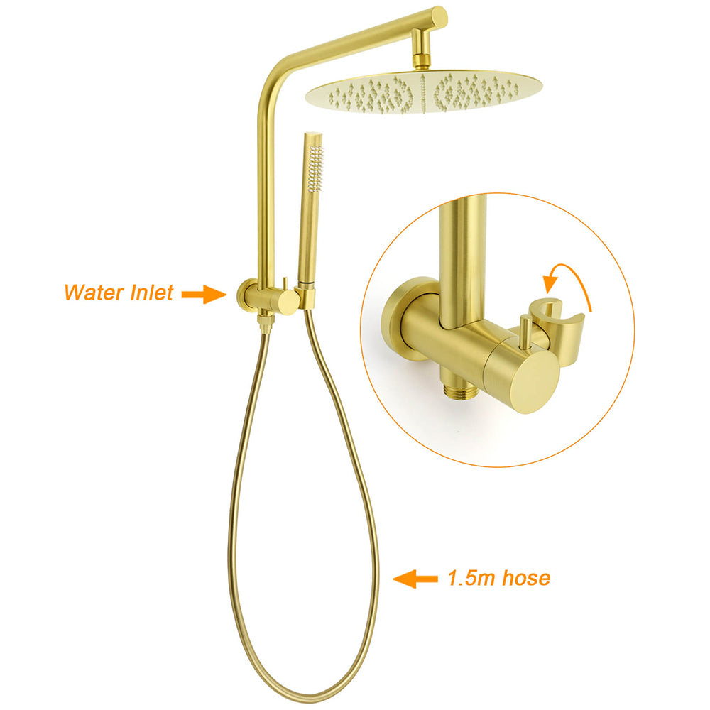 Shower Heads & Screens: Brushed Gold Round Large 12" Rain Shower Head One Spray Handheld Rose Gooseneck Arm Twin Taps Set