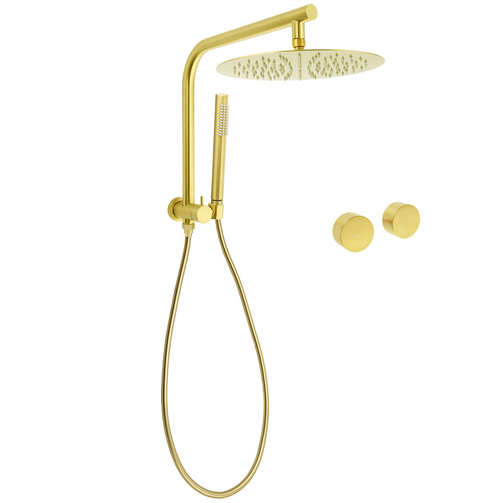 Shower Heads & Screens: WELS Brushed Gold Large 12" Rain Shower Head Ergonomic Handheld Rose Diverter Twin Taps Combo