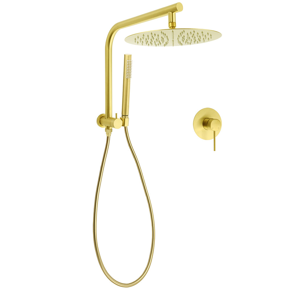 Shower Heads & Screens: Brushed Gold Round Large 12" Rain Shower Head Stainless Steel Spray Handheld Wall Arm Mixer Set