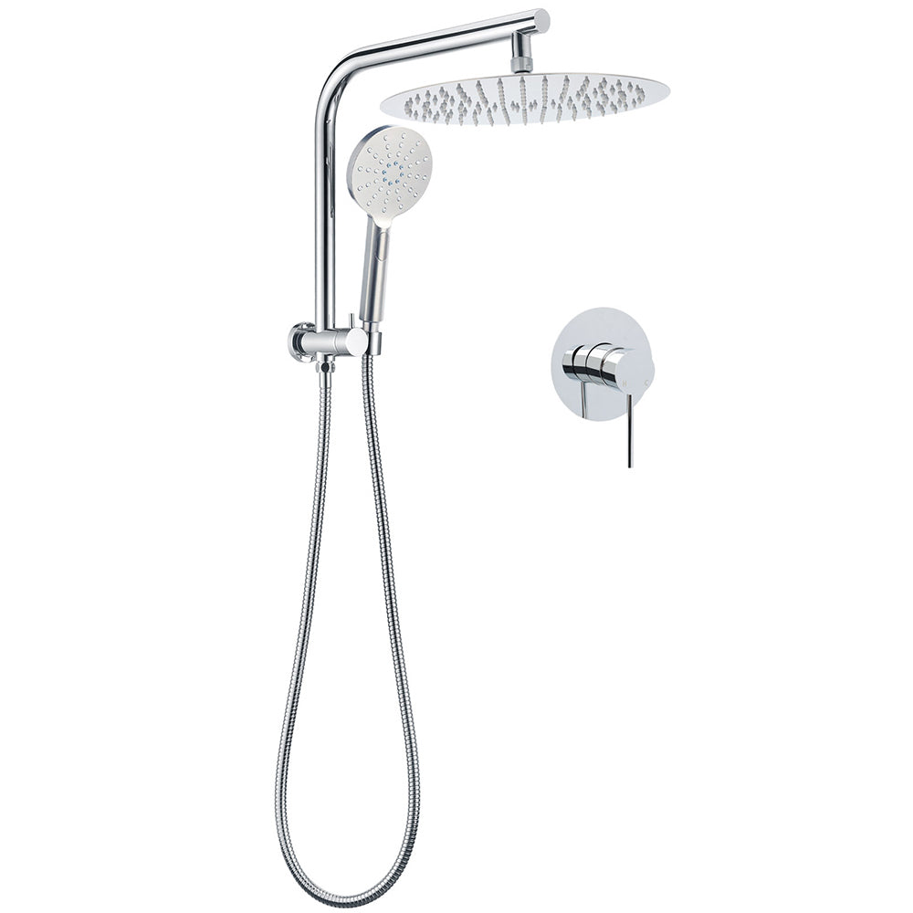 Shower Heads & Screens: WELS Chrome Double Round Shower Head Set 12" Rainfall & 3 Mode Handheld Gooseneck Arm Mixer