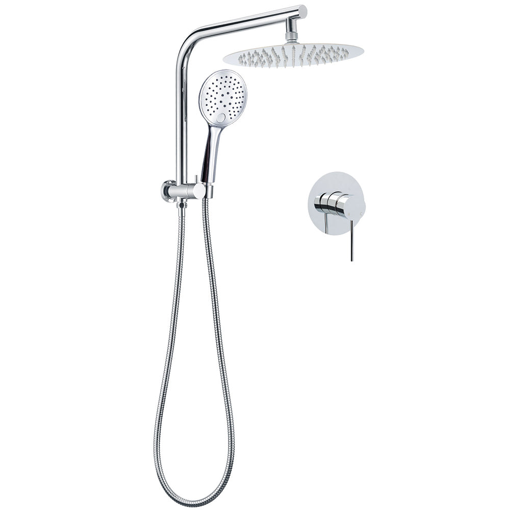WELS Round Chrome 10" Twin Shower Head 3 Mode Handheld Gooseneck
