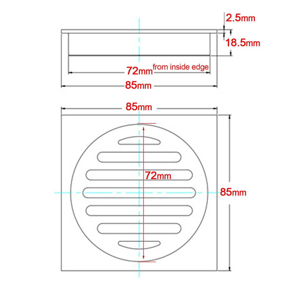 Shower Heads & Screens: Watermark Stainless Steel 85x85mm Small Square Shower Grate Floor Drain 72mm Outlet