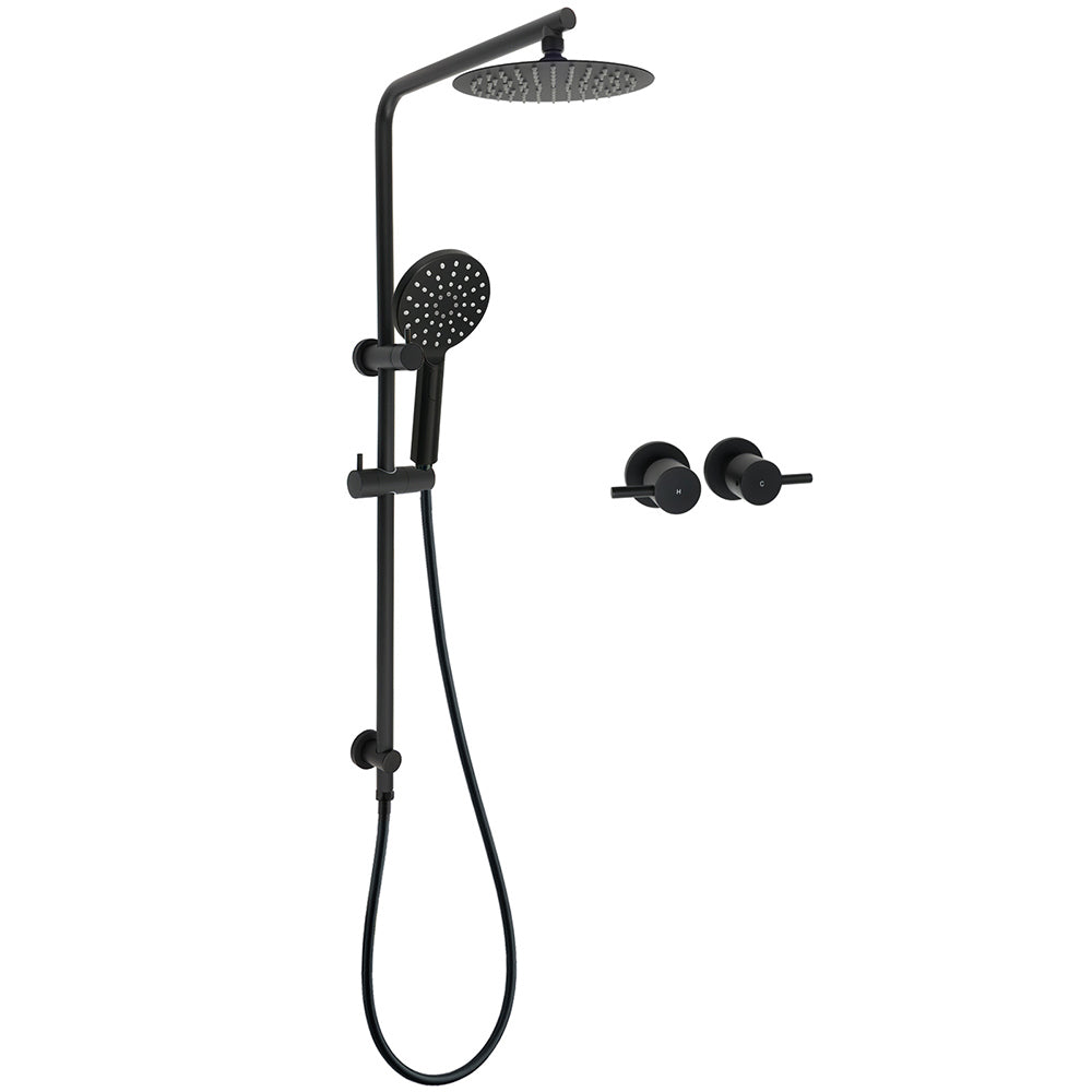 Shower Heads & Screens: WELS Matt Black Round 2in1 8" Shower Head Sliding Rail Arm 3 Modes Handheld Twin Taps