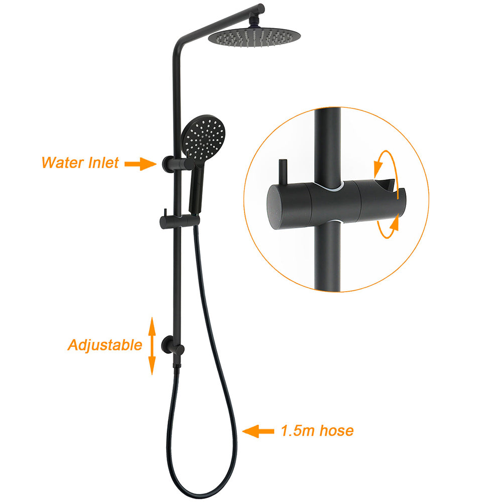 Shower Heads & Screens: WELS Matt Black Round 2in1 8" Shower Head Sliding Rail Arm 3 Modes Handheld Twin Taps