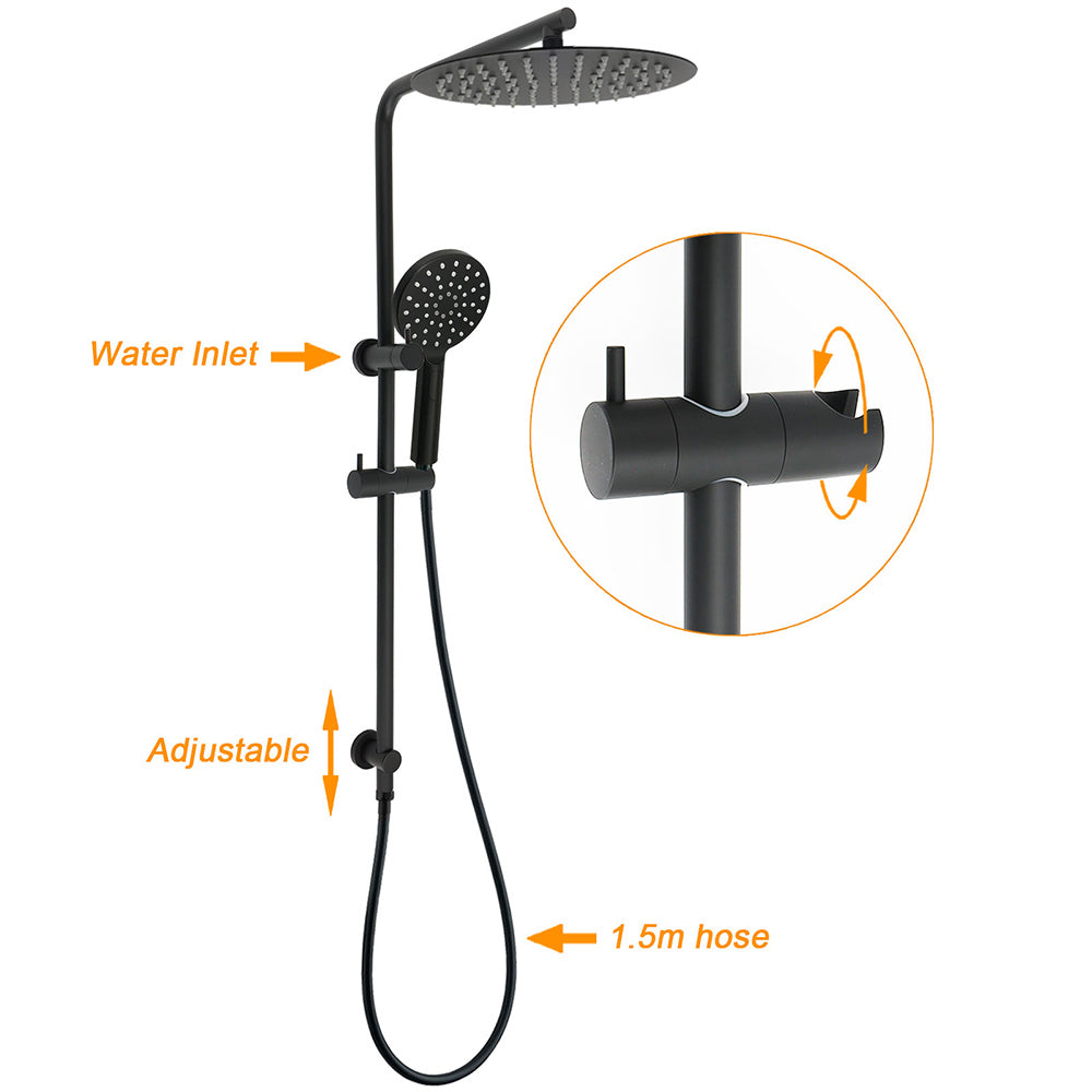 Matt Black Dual Shower 12" Large Shower Rain Head + Handheld Silde Wall Rail Twin Taps Set