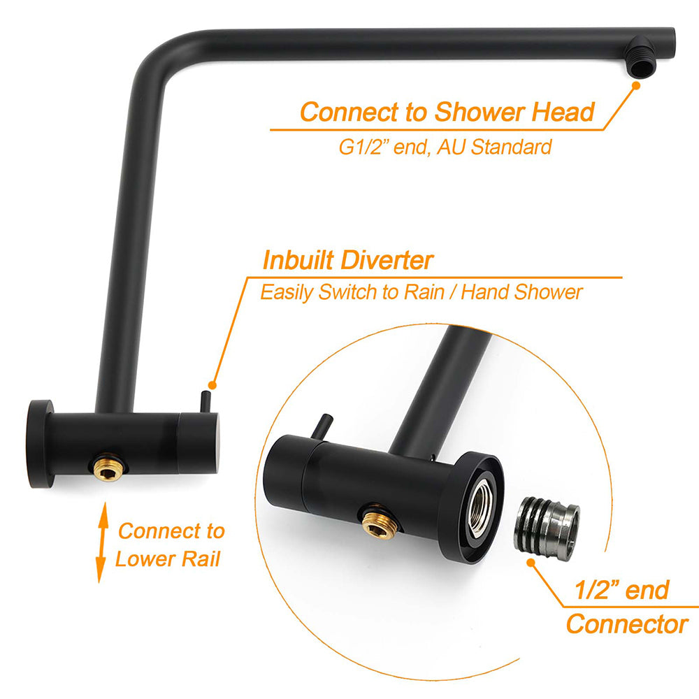 Matt Black Dual Shower 12" Large Shower Rain Head + Handheld Silde Wall Rail Twin Taps Set